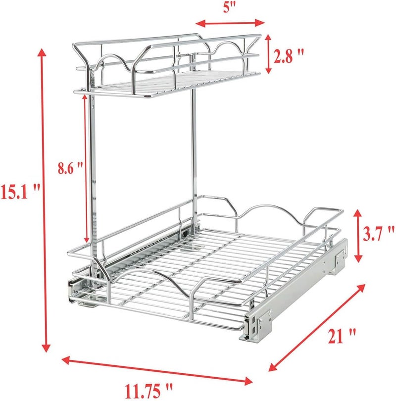 OCG Under Sink Cabinet Organizer Two Tier Pull Out Shelf (11.75W x21D), Under Sink Sliding Shelf for Kitchen Bathroom Cabinet 2 Tier Chrome - Image 2